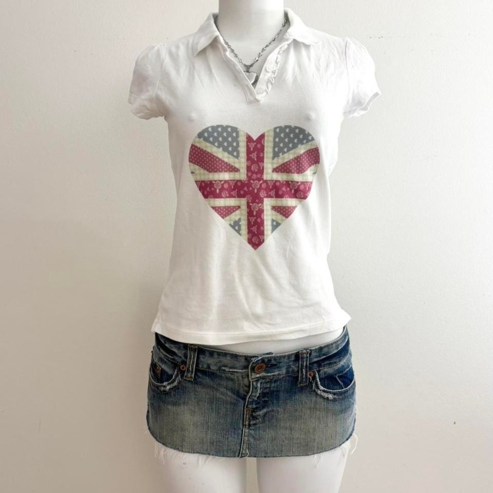 british flag heart polo tee y2k puff sleeve graphic polo